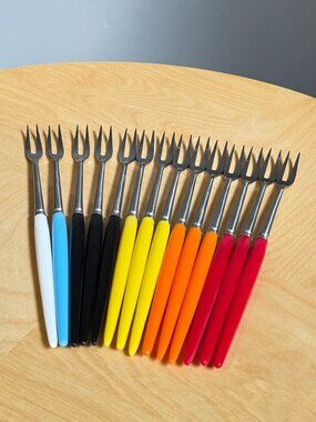 Set of 14 Stainless Steel Fondue Forks by IIC Vintage c1950s Coloured Handles